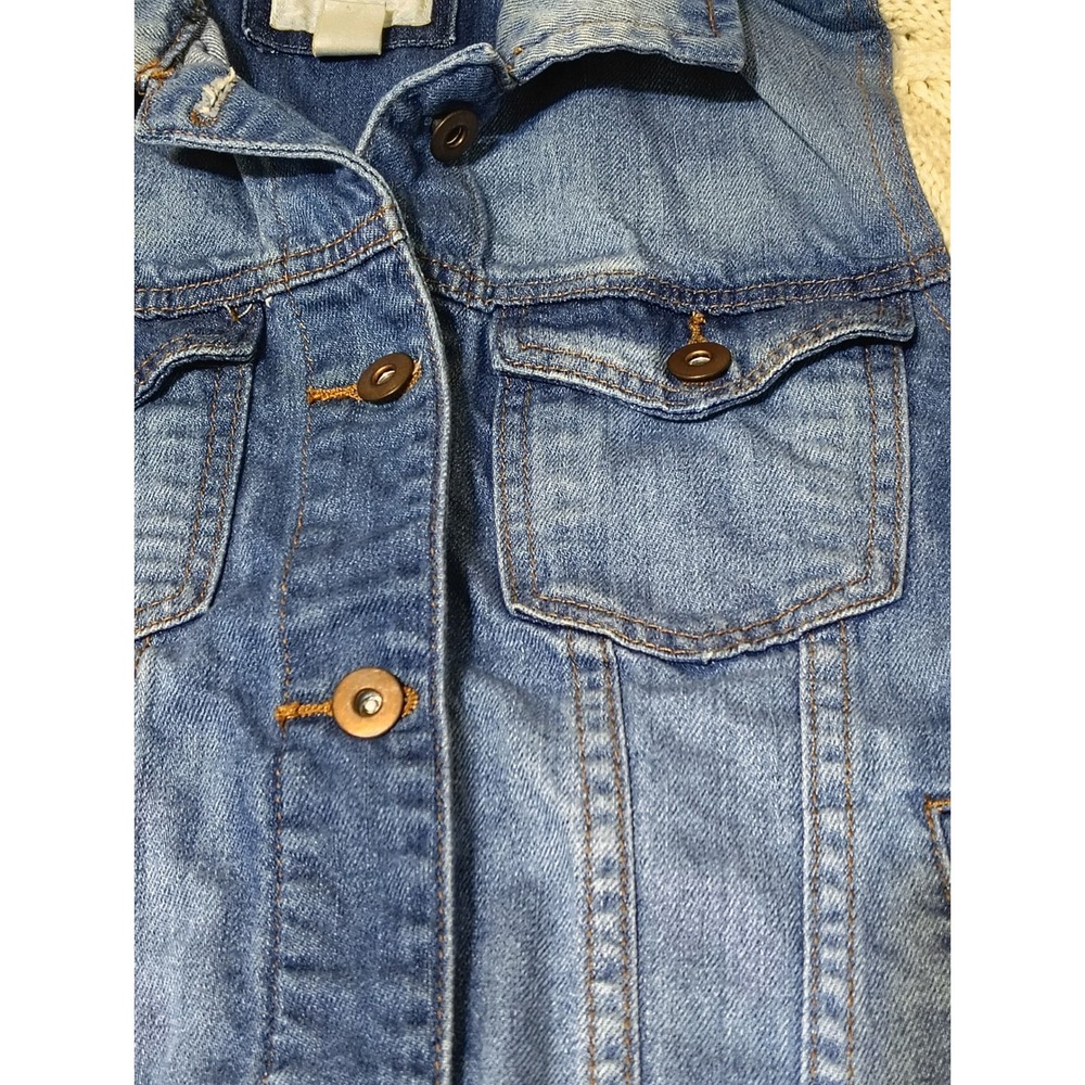Forever 21 Denim Jacket Cream Knit Sleeve Combo Trucker Style Blue - Picture 2 of 8